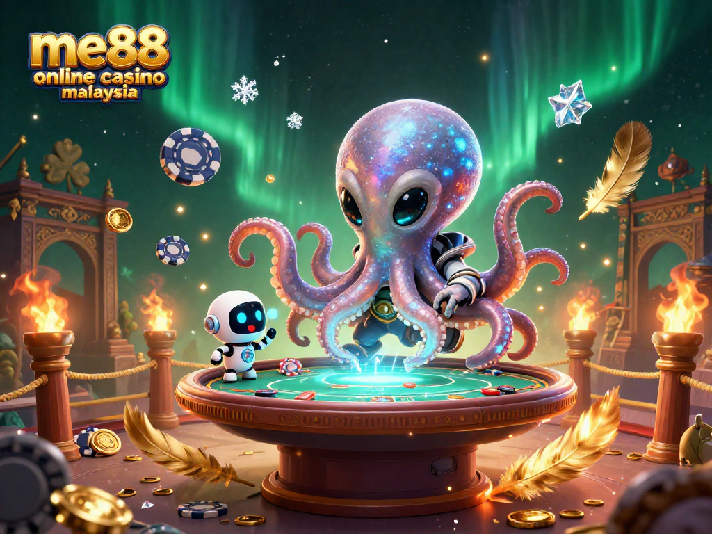 Experience gaming thrills at me88 online casino malaysia with a cartoon alien octopus operating a poker table.