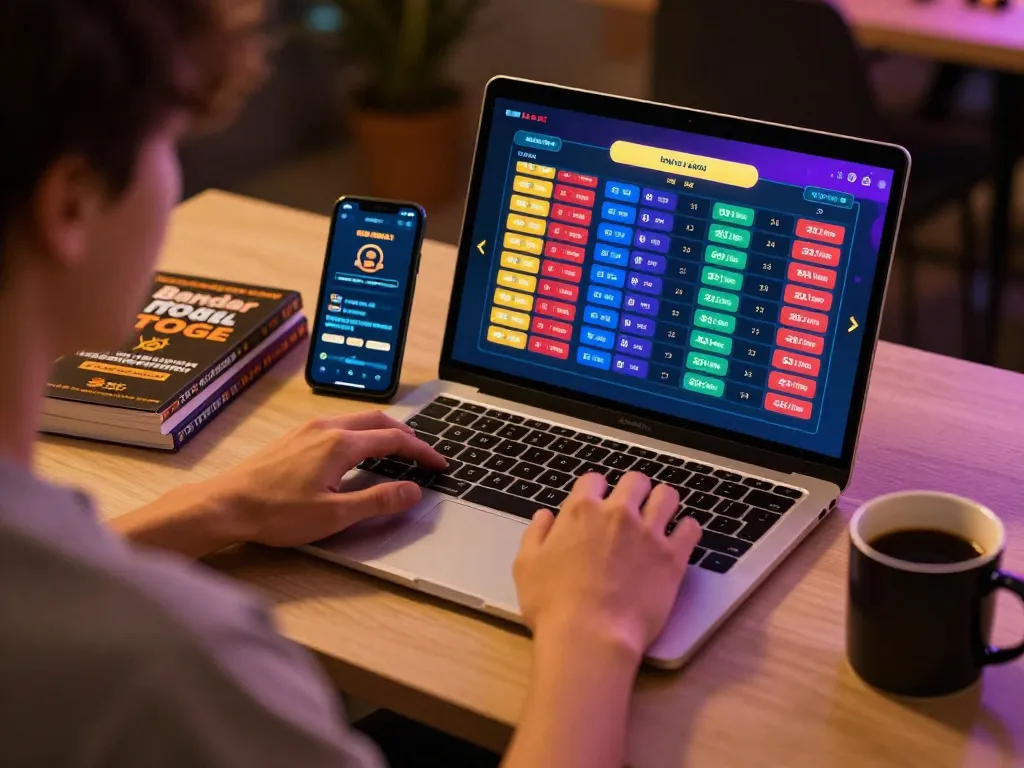 Pemain terlibat menikmati bandar togel di laptop, menunjukkan pengaturan permainan online modern.