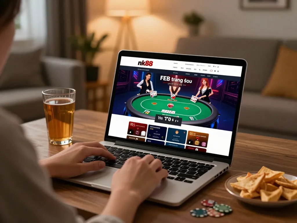 Engaging scene with a player accessing nk88 trang chủ for exciting online casino games from home.