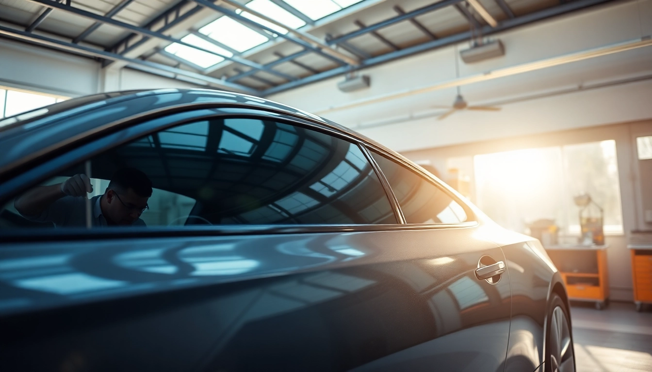 Apply ceramic window tint expertly on a sleek vehicle in a bright garage setting.
