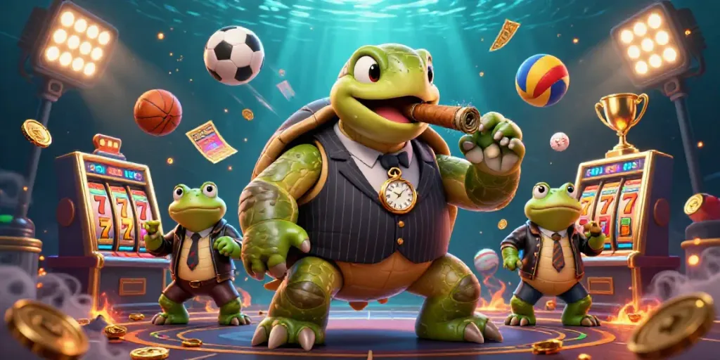 Situs slot adventure with a snapping turtle mobster and bullfrogs amidst vibrant slots and gaming elements.