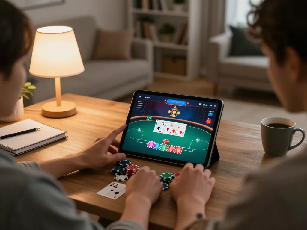 Taisunwin poker game in a cozy home, showing user engaged with tablet interface.