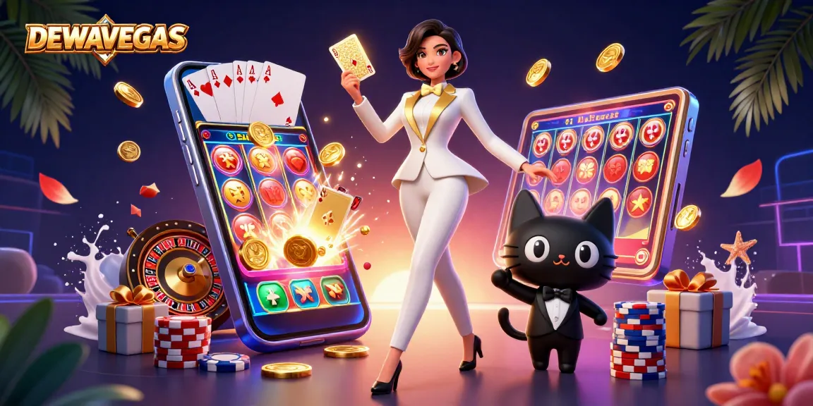 Experience thrilling wins at DEWAVEGAS with a 3D scene showcasing top slot games and lively casino action.