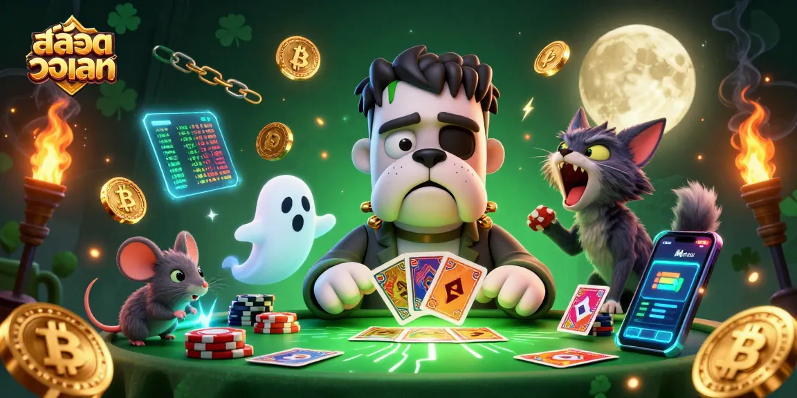 Experience the thrill of สล็อตวอเลท as a cartoon Frankenstein bulldog dealer engages players at a vibrant casino table.