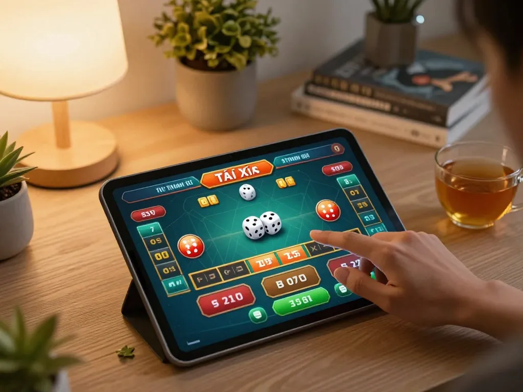 Tài Xỉu online gameplay displayed on tablet in cozy living room, highlighting dynamic betting options.