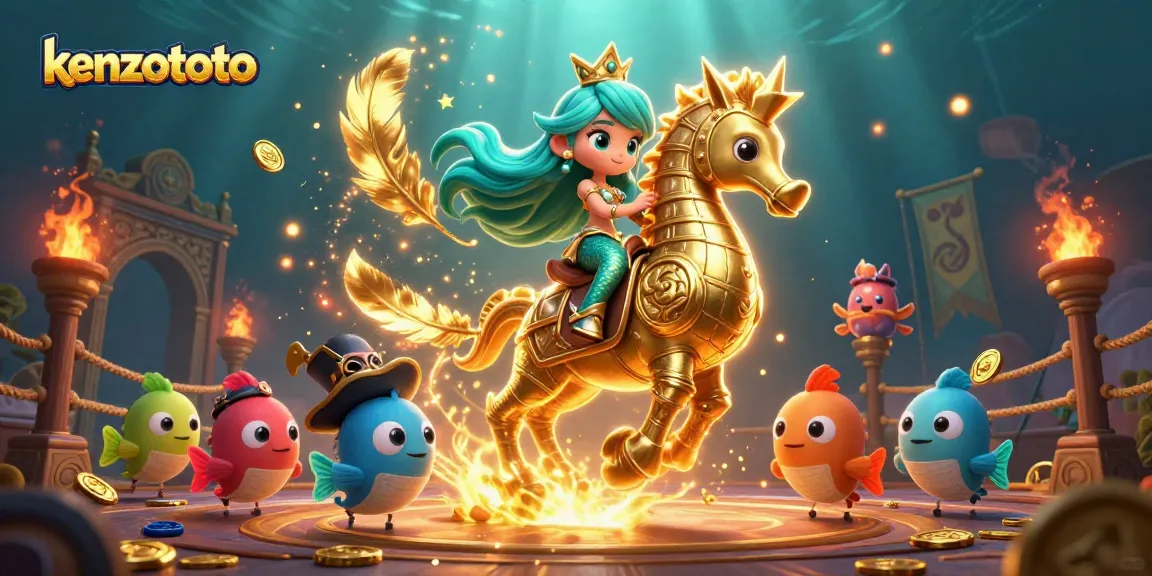 Kenzototo offers vibrant gameplay opportunities with a mermaid riding a seahorse, surrounded by festive sea creatures and rich elements.