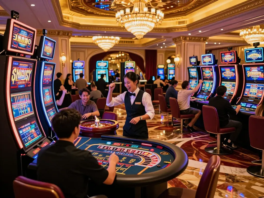 Players enjoying thrilling casino action at dh88 amidst vibrant slot machines.