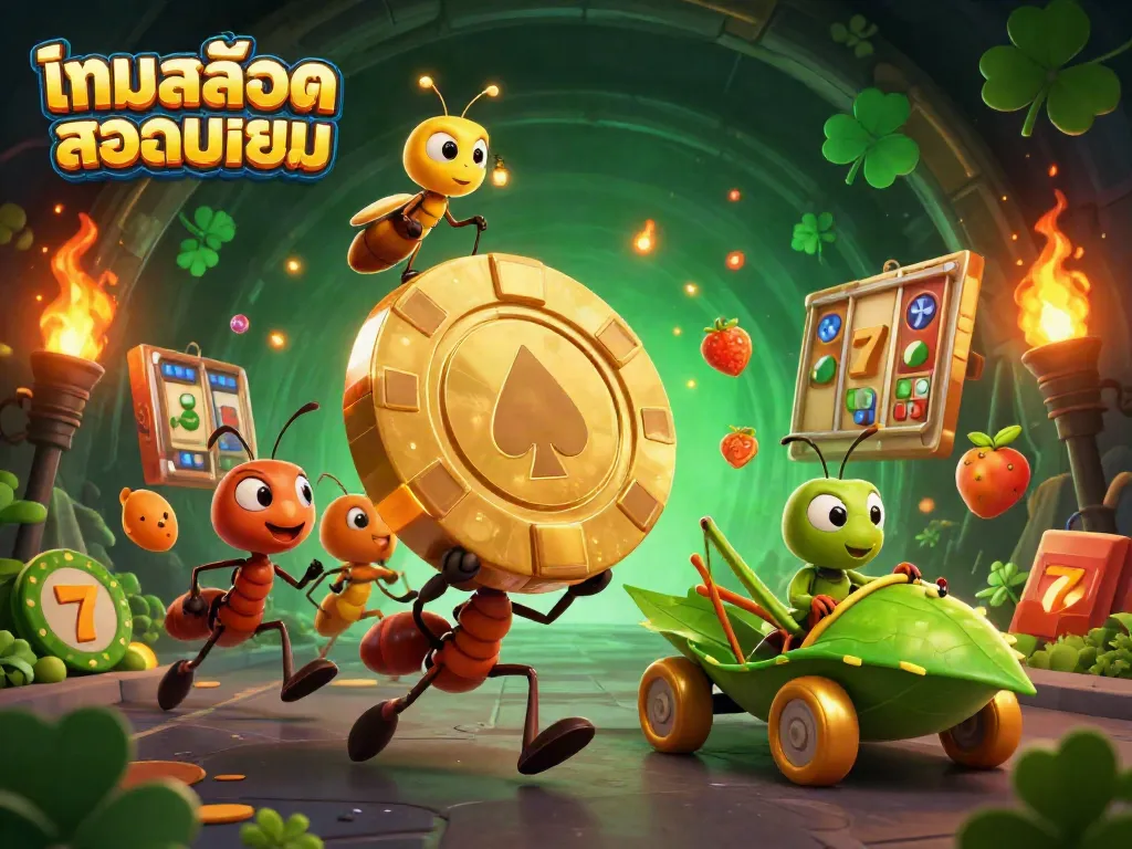 Engaging scene showcasing เกมสล็อตยอดนิยม, featuring cartoon ants heisting a giant poker chip within a vibrant casino-themed environment.