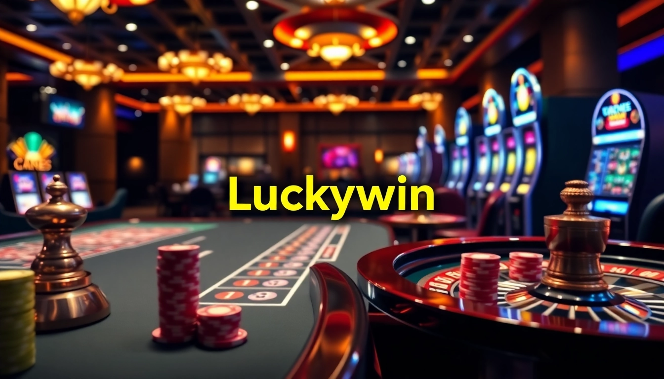 Experience thrilling gameplay at Luckywin's professional casino setup with poker tables and roulette wheels.