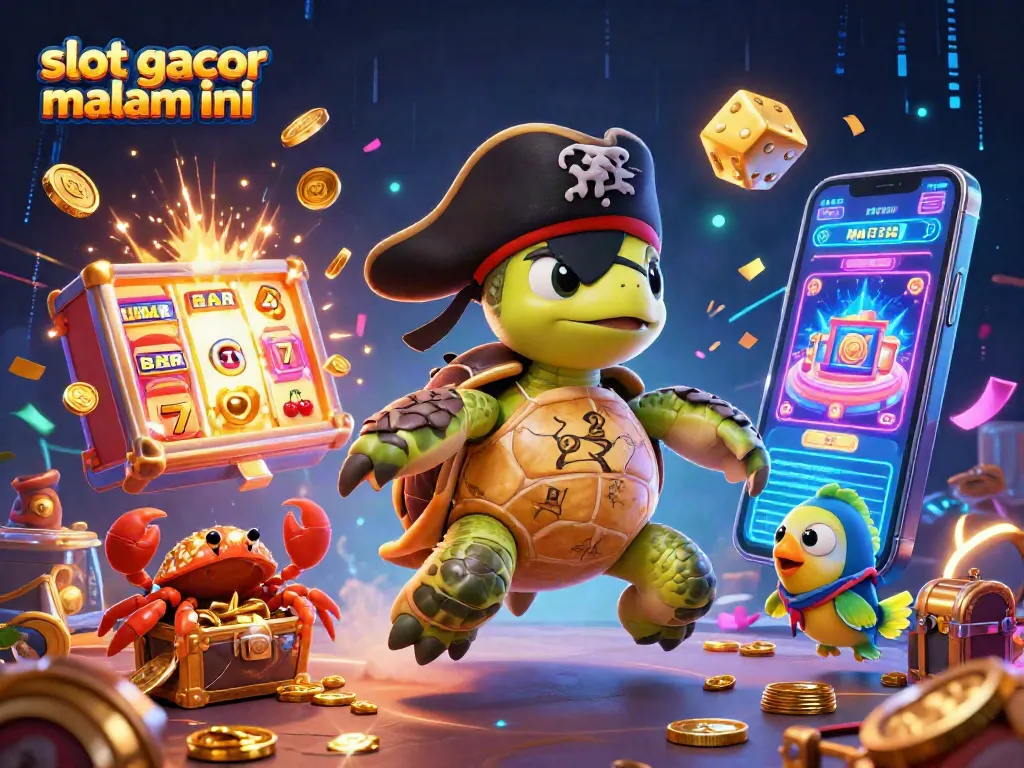 Promosikan slot gacor malam ini dengan karakter kartun 3D menarik dan mesin slot bernilai tinggi di latar belakang cerah.