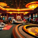 Exciting casino floor at jun888, showcasing players at poker and roulette tables, surrounded by colorful slot machines.