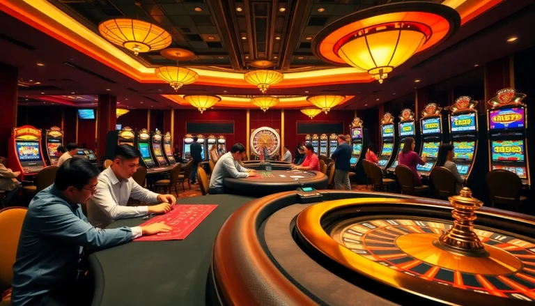 Exciting casino floor at jun888, showcasing players at poker and roulette tables, surrounded by colorful slot machines.