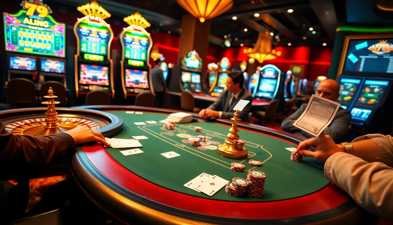Exciting poker game at a table featuring 79king chips, enhancing the casino atmosphere.