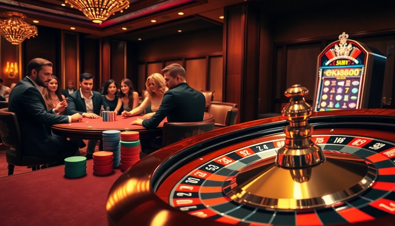 Players engrossed in an exciting roulette game at OK8386 casino, emphasizing luxury and thrill.