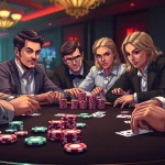 Engaging poker game at a round table with excited players and vibrant chips.