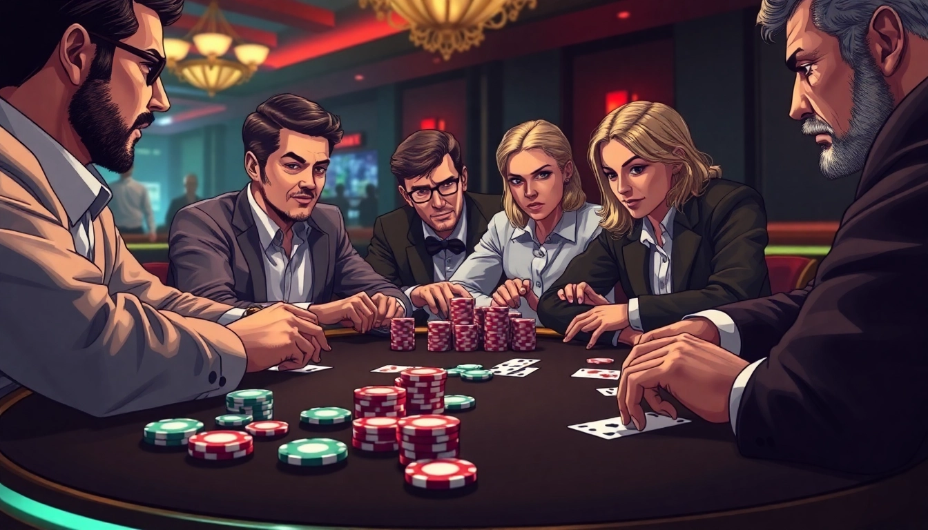 Engaging poker game at a round table with excited players and vibrant chips.