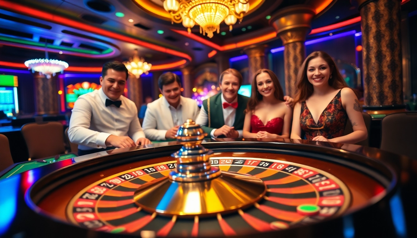 Experience a thrilling casino atmosphere with a lively roulette table and enthusiastic players.