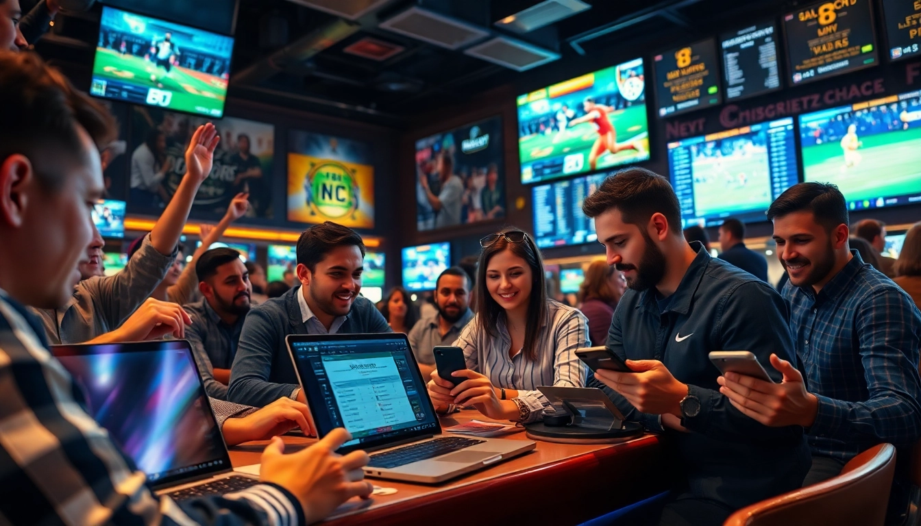 Engaged bettors analyzing odds and statistics for online Betting at a lively sports bar.