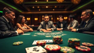 Engaging Blackjack Casino experience with players and cards in a luxurious setting.