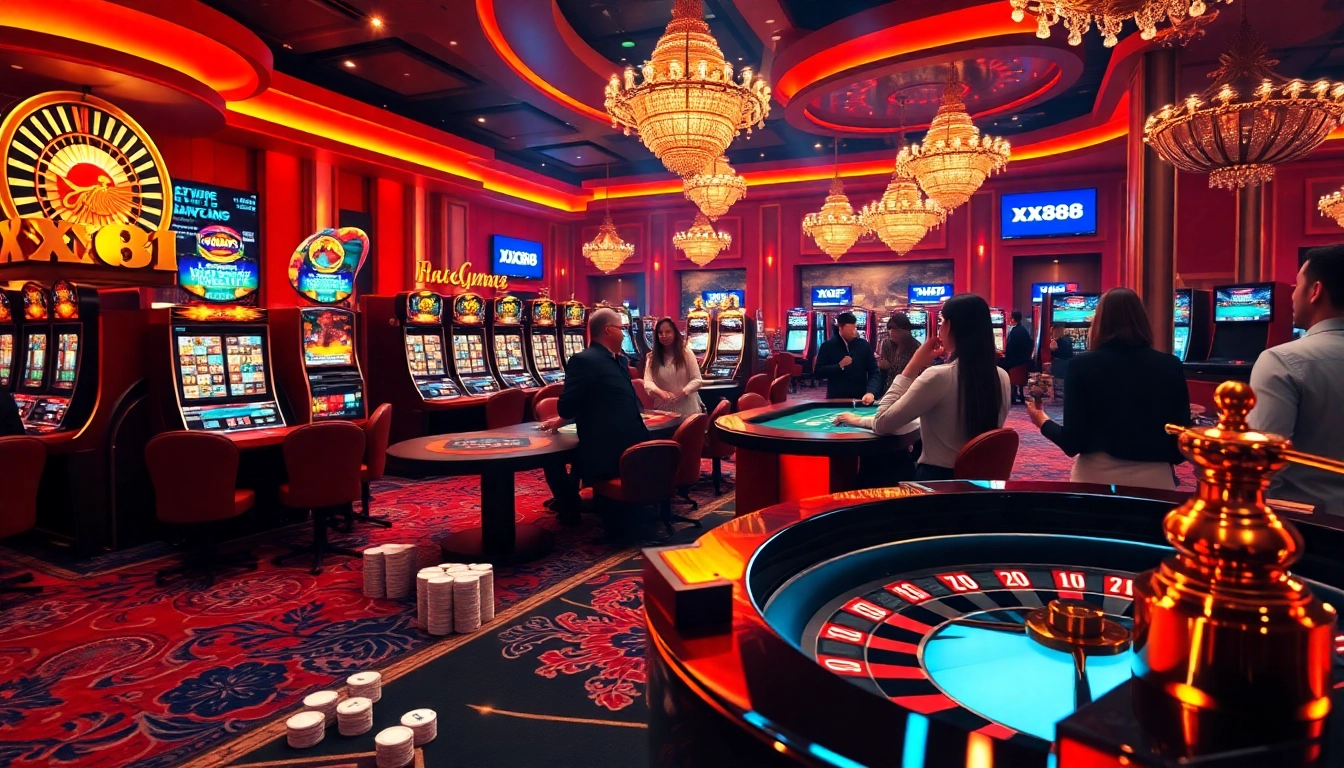 Excited players enjoying a thrilling game at XX88 casino tables featuring chips and cards.