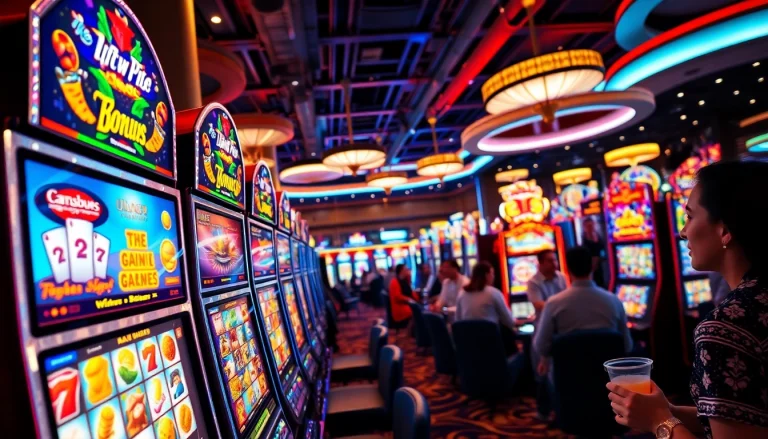 Slot Game menarik perhatian pemain dengan mesin slot berwarna-warni di kasino.