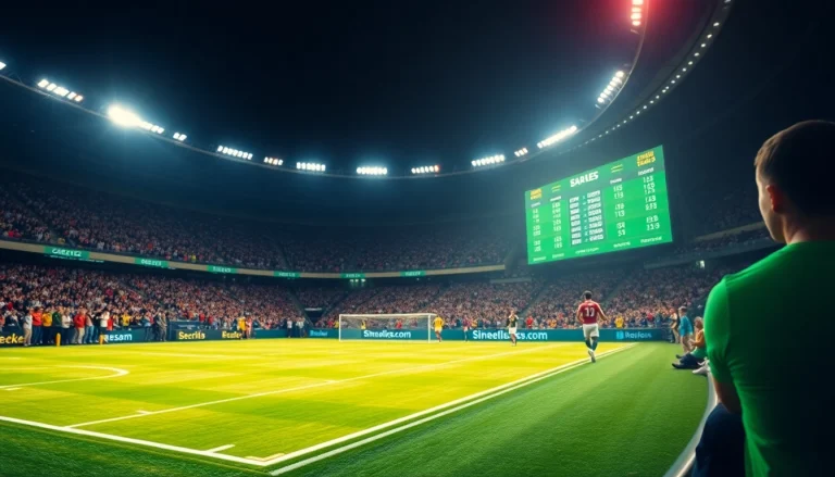 Engaging scene of Sports Betting during a vibrant football match with digital odds displayed.
