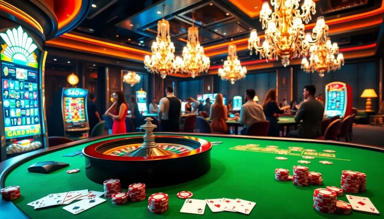 RR88 players enjoy an exciting casino scene with roulette, poker chips, and lively atmosphere.