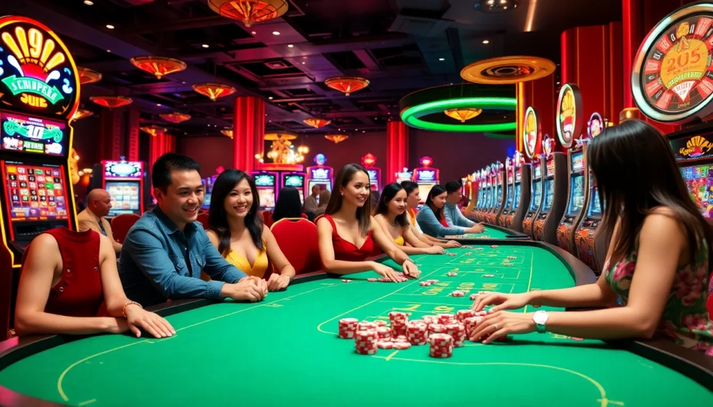 Engaging players enjoy a thrilling JILI gaming experience at a luxurious casino with vibrant tables and slot machines.