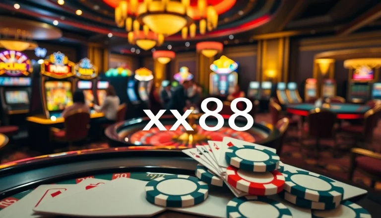 Experience thrilling gaming actions at xx88 casino with poker chips and vibrant roulette tables.