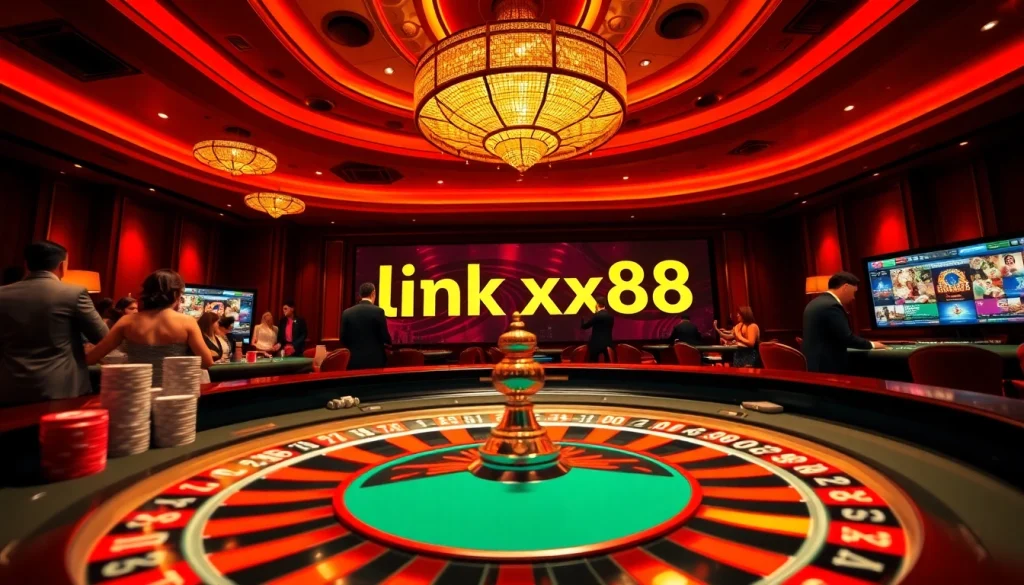 Illustrating a vibrant casino experience with link xx88 showcased on a digital display, featuring roulette and poker.