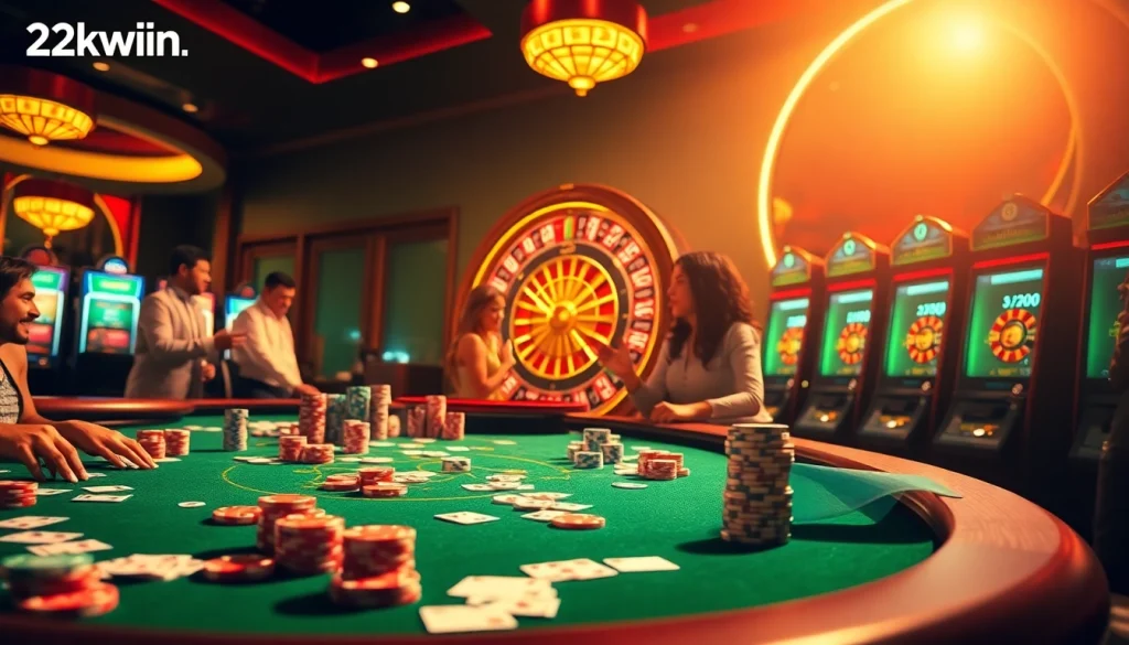 Engage with the thrilling link 32win atmosphere at a luxurious casino featuring vibrant slot machines and poker excitement.