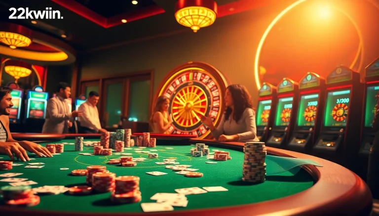 Engage with the thrilling link 32win atmosphere at a luxurious casino featuring vibrant slot machines and poker excitement.