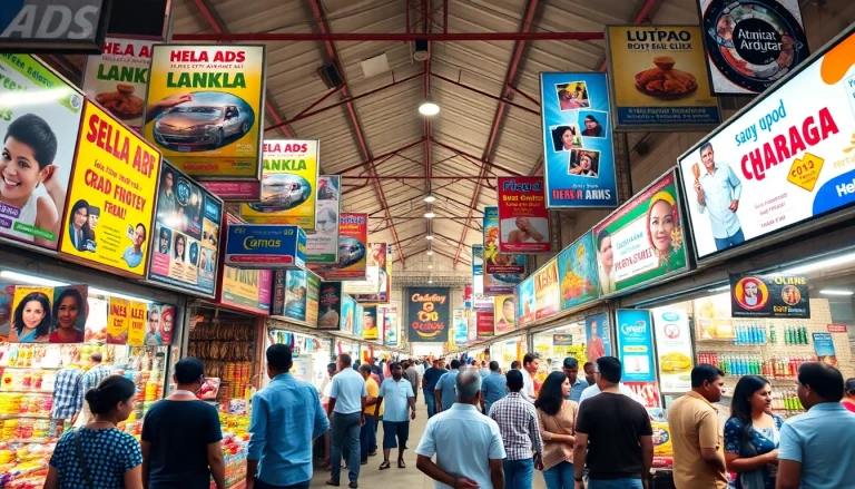 Engaging scene of Hela Ads in a vibrant Sri Lankan marketplace full of colorful advertisements.