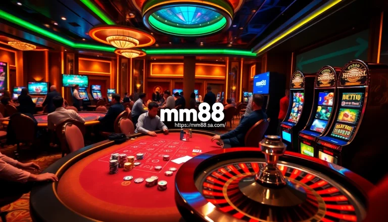 Engage in lively gaming at https://mm88.sa.com/ with vibrant poker tables and a roulette wheel.
