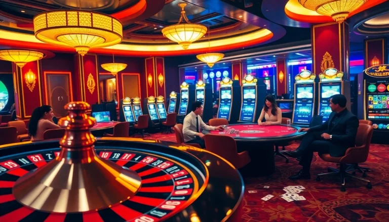 KJC casino scene showcasing roulette, poker, and vibrant gaming atmosphere.