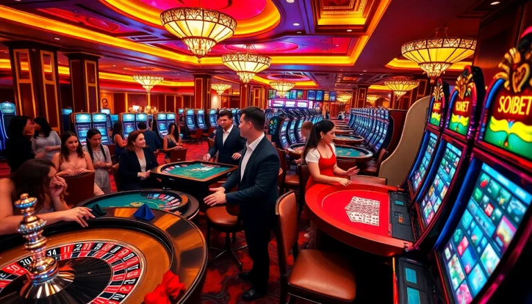 Captivating scene of gamers at soibet.black with roulette tables and slot machines in a luxurious casino.