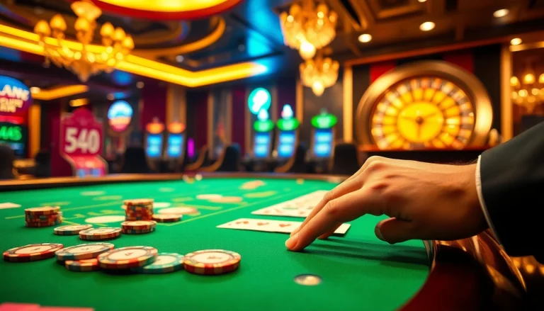 A thrilling casino scene at LC88 COM with vibrant tables, chips, and illuminated roulette wheel.