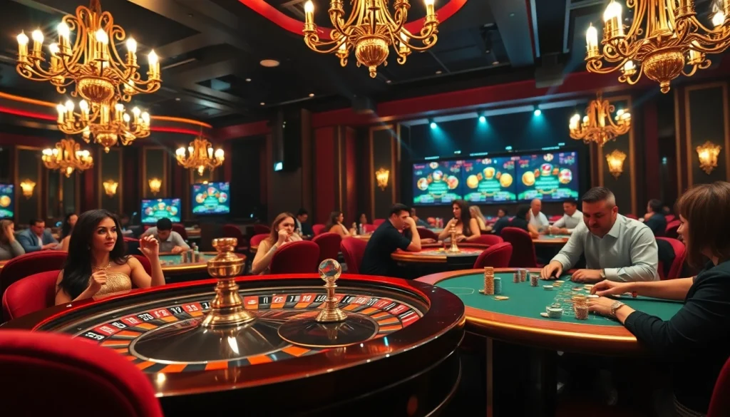 Exciting casino scene showcasing vibrant roulette, poker tables, and links collection, embracing luxury in gambling.