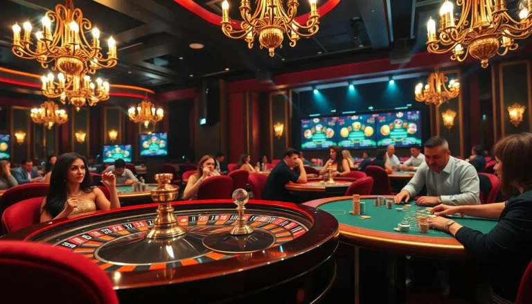 Exciting casino scene showcasing vibrant roulette, poker tables, and links collection, embracing luxury in gambling.
