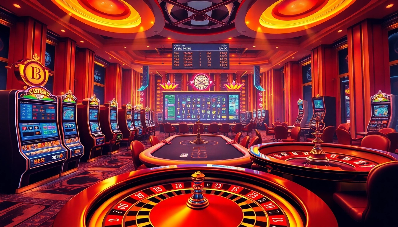 Experience thrilling online gambling action at https://xx88.bar/ with luxury casino visuals of slot machines and roulette.