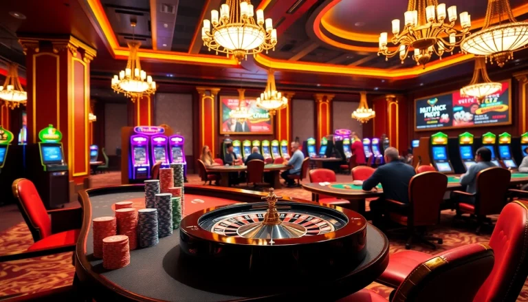 Exciting casino atmosphere with khuyến mãi C168 promotions illuminating tables and colorful slot machines.