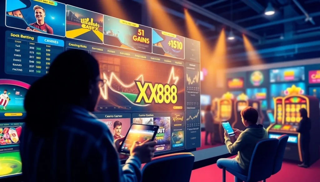 Engaging scene showcasing online betting activities at XX88 HOW, featuring vibrant graphics and user interactions.