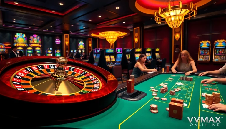 Players enjoying high-stakes gambling at VMAX online, featuring a vibrant poker table and roulette wheel.
