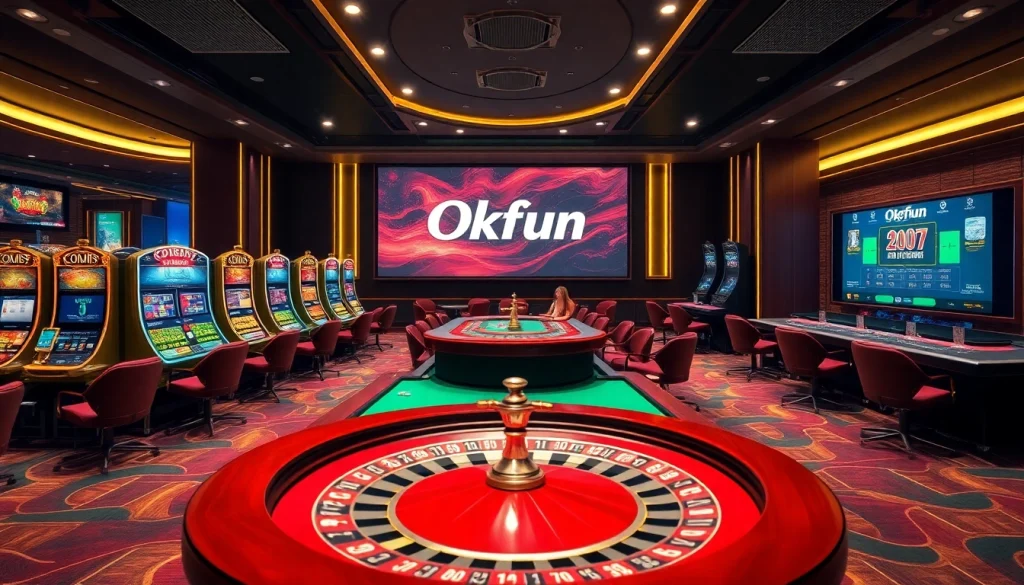 Experience thrilling gaming at Okfun Casino with vibrant poker tables and modern slot machines.