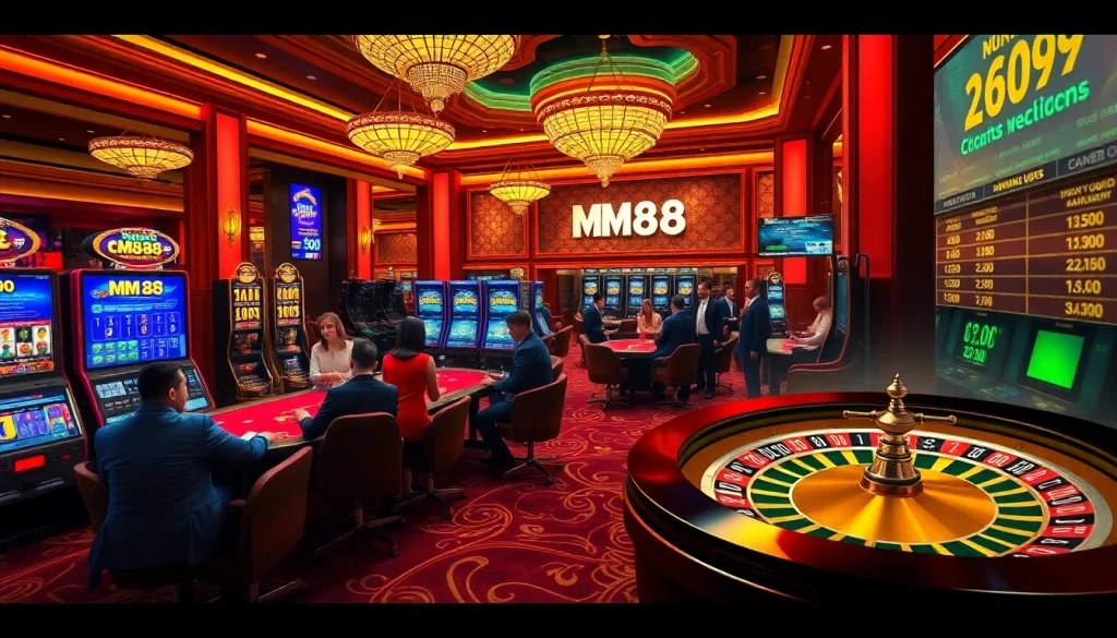 Players engaging in thrilling games at MM88 casino, showcasing poker, slots, and roulette action.
