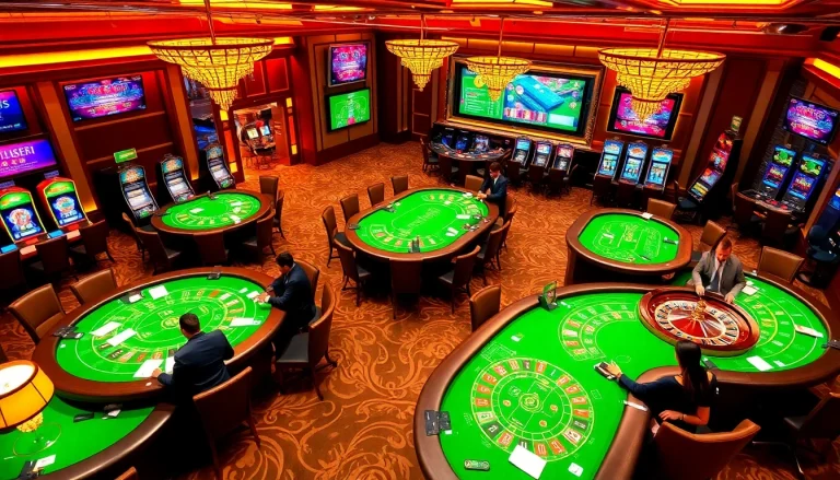 Exciting gameplay at KJC global's luxurious casino with vibrant tables and engaged players.