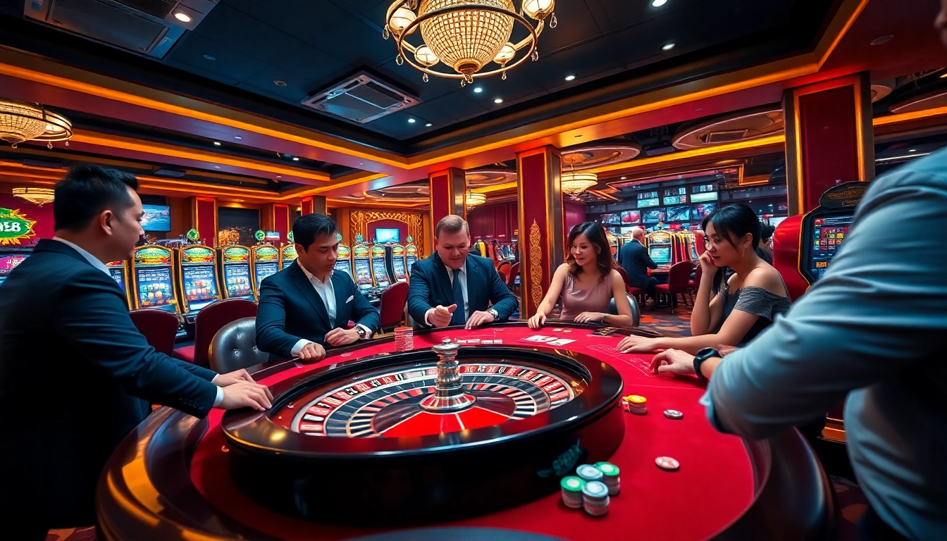 Players enjoying a thrilling game at NHÀ CÁI MM88's luxurious casino table.
