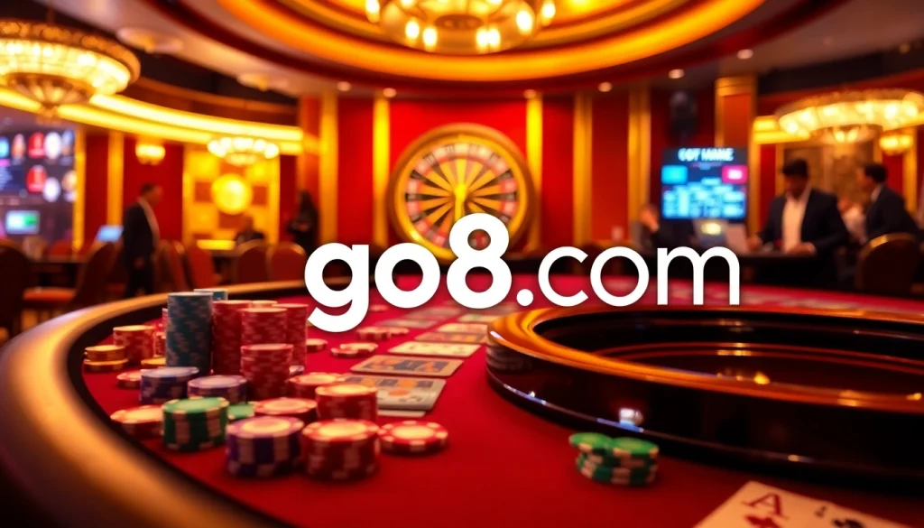 Engage with thrilling casino action at go8 com, featuring vibrant poker chips and a roulette wheel.
