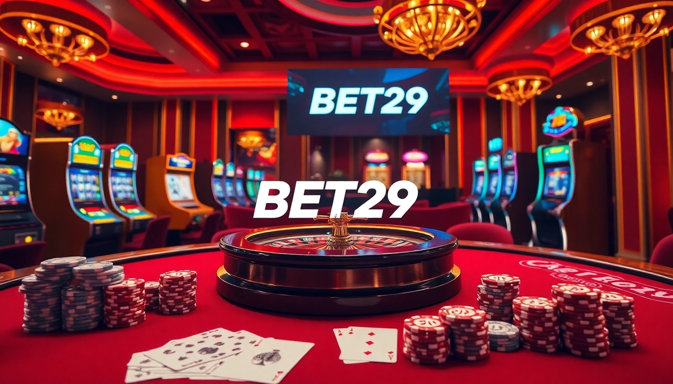 Experience the thrill of BET29 gaming with vibrant casino tables and elegant roulette wheels.