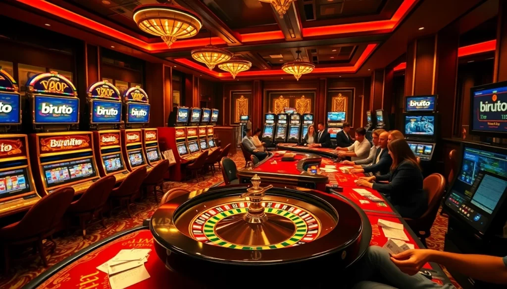 Rasakan permainan yang mendebarkan di kasino Birutoto yang penuh warna, menampilkan mesin slot menarik dan meja taruhan.